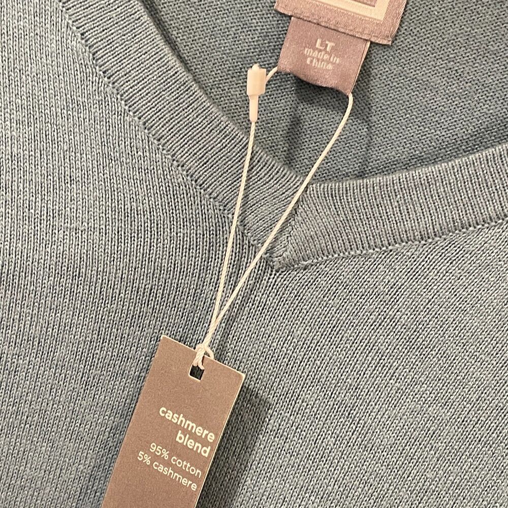 ~ NEW *w/sm hole* Lg Tall Cashmere Cotton Mens Sweater V-neck Light Blue Mist LT